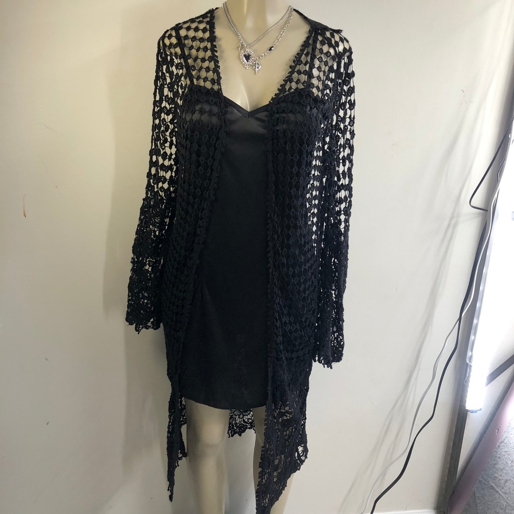 Native Rose Crochet Lace Duster Cardigan Kimono Womens S/M Black Festival Wear